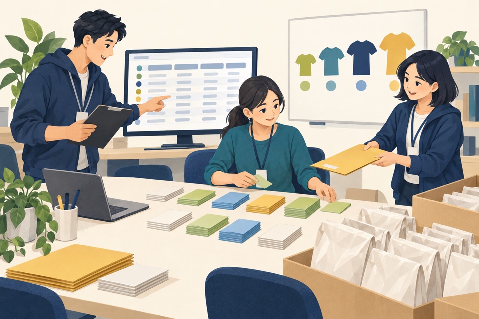 團隊核對報名資料與物資需求清單的概念示意
