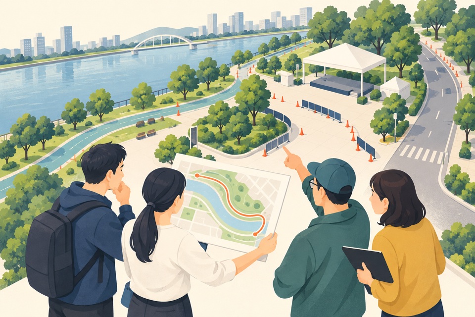 團隊踏查候選場地、路線與會場動線的概念示意